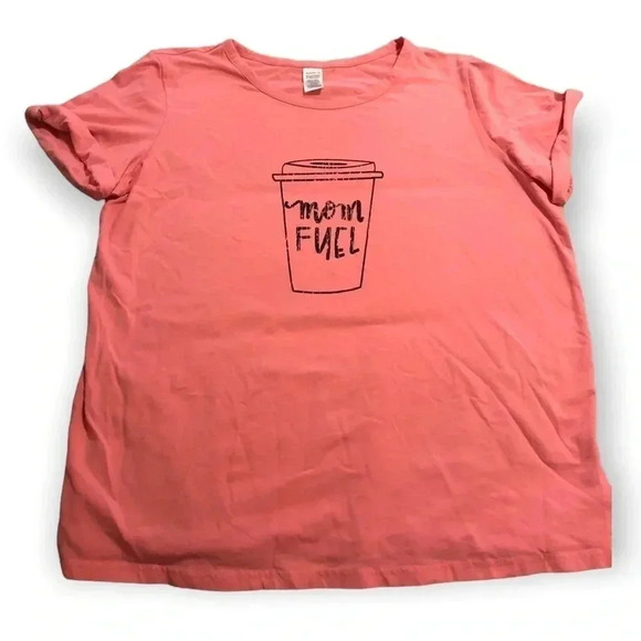 Mom Fuel Plus Size Coffee Tee- Coral- Cuffed Sleeves- Sz XL (16) - Picture 1 of 5